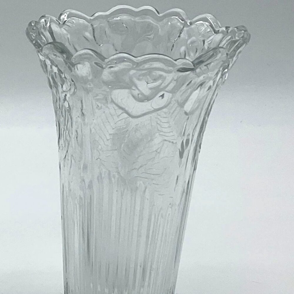 Borgonova Italy Vintage 6in Pressed Glass Signed Vase Roses Leaves Ribbed MCM
